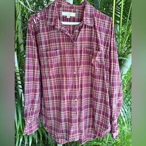 LOFT Plaid Top Button Down Blouse Medium